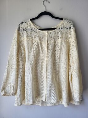 April Cornell Cream Lace Button-Front Fawn Boho Cochet Garden Girl Cardigan